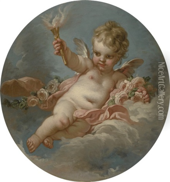 Putto On A Cloud, Holding A Torch Oil Painting - Francois Boucher