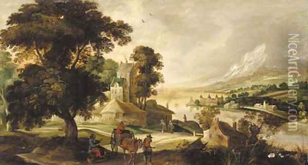 A river landscape with a horse and cart and other figures before a town Oil Painting - Josse de Momper