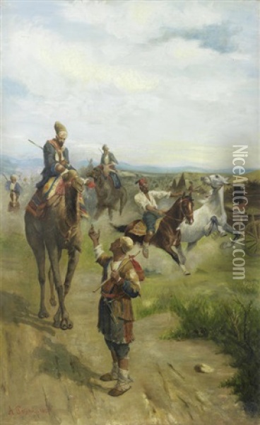 Landscape With Arab Horsemen Oil Painting - Alberto Pasini