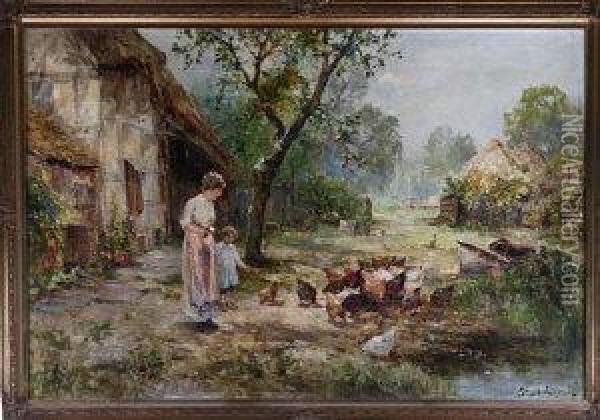 A Farmyard Scene With Mother And Child Feeding Hens Oil Painting - Ernst Walbourn