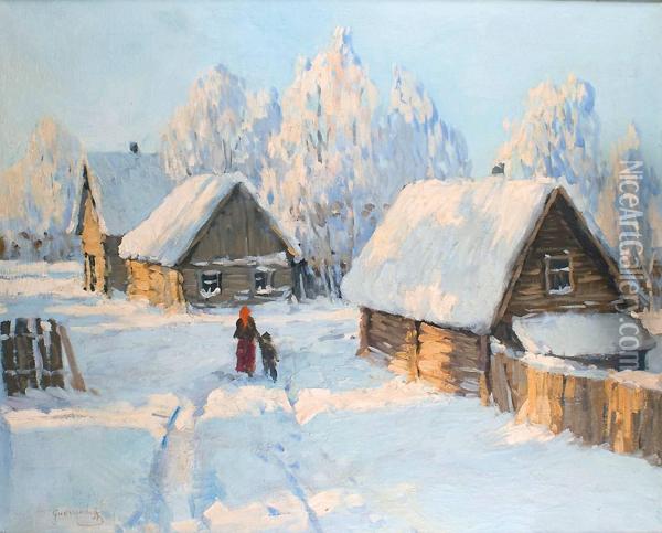 Mere Et Enfant Dans Le Village Enneige Oil Painting - Michail Markianovic Germasev