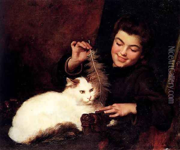A Young Girl With A White Cat Oil Painting - Antoine Jean Bail