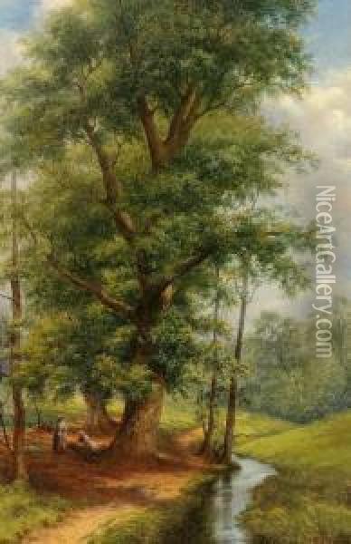 Fruhlingslandschaft Mit Grosem Baum Neben Bach Und Holzleserinnen Oil Painting - Henry Ryland