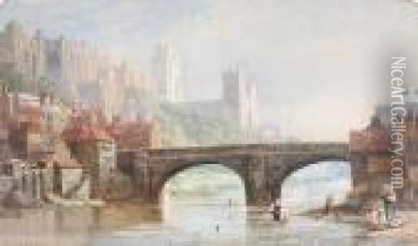Durham Cathedral From Framwellgate Bridge, With Figures To The Foreground Oil Painting - Louise Rayner