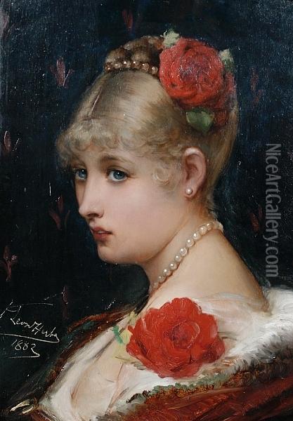 Roses And Pearls - Portrait Of A Youngwoman Oil Painting - Leon Herbo
