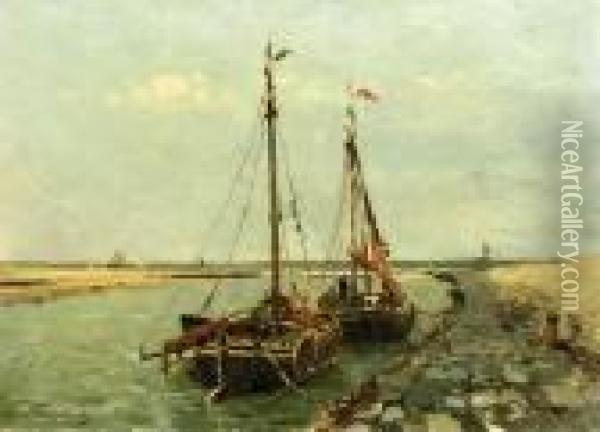 Moored Shrimp-fishing Vessels In The Estuary Of The 'oude Rijn', Katwijk Aan Zee Oil Painting - Willem Johannes Weissenbruch