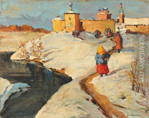 Village Sous La Neige Oil Painting - Georgi Alexandrovich Lapchine