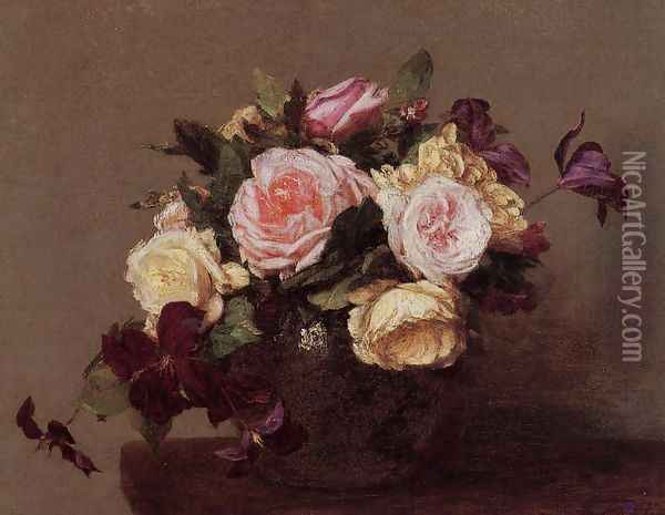 Roses and Clematis Oil Painting - Ignace Henri Jean Fantin-Latour