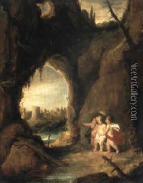 Jesus Als Kind Mit Zwei Engeln In Einer Grotte Oil Painting - Joos de Momper the Younger