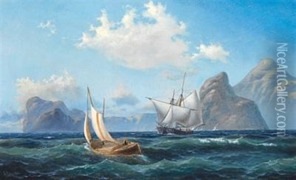 Seascape With Sailing Ships, In The Background Mountains Oil Painting - Carl Julius Emil Olsen