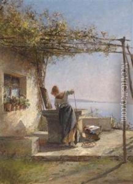 Washer Girl By The Well Oil Painting - Leo Von Littrow