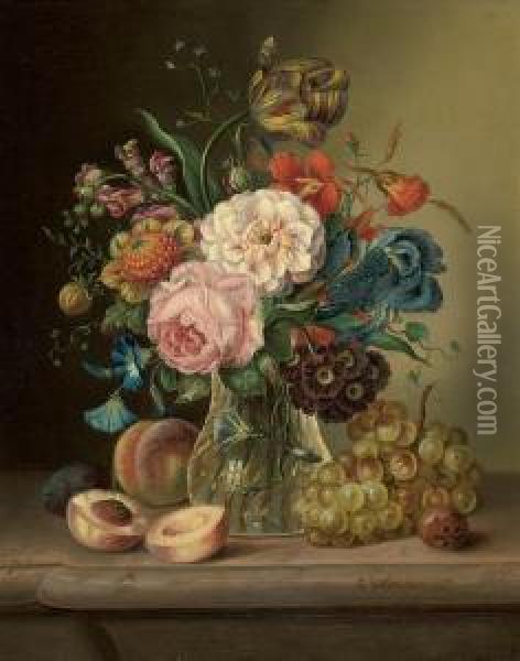 Irises, Tulips, Peonies, Roses And Other Summer Blooms In A Glass Vase On A Marble Ledge Surrounded By Peaches, Grapes And Plums Oil Painting - Carl Schellein