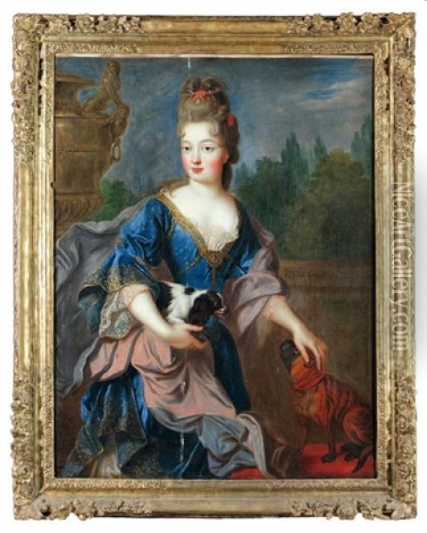 Portrait D'une Princesse De La Maison De France Sur La Terrasse D'un Jardin Avec Ses Deux Chiens Oil Painting - Alexis-Simon Belle