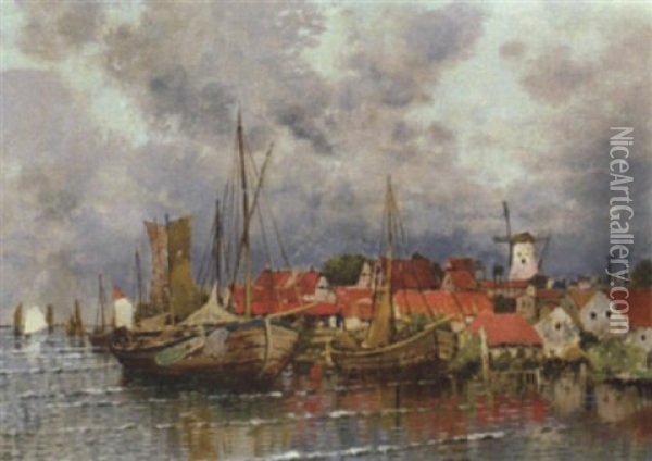 Village Harbour With Windmill Oil Painting - Karl Heffner