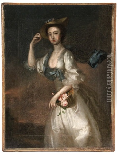 Portrait Of An Aristocratic Woman With Flower Basket Oil Painting - Joseph Blackburn