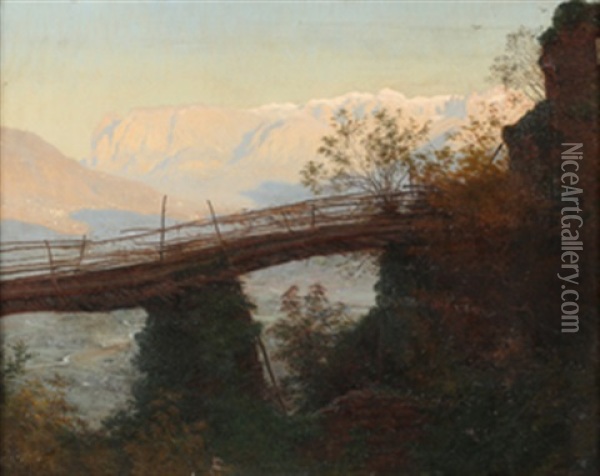 Alpelandskap Med Bro Oil Painting - Ludvig Kabell