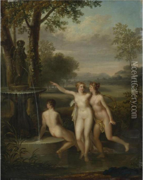 Three Nudes By The Fountain Of Love Oil Painting - Jacques Antoine Vallin