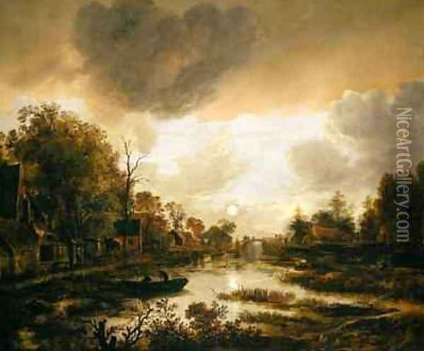 A River Landscape by Moonlight Oil Painting - Aert van der Neer