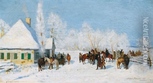 Winterlandschaft Mit Reitern Oil Painting - Antoni Piotrowski