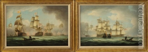 English And French Man O' War Ships Engaged In Combat (pair) Oil Painting - Thomas Buttersworth