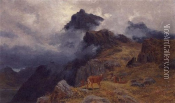 A Stag And Hines In A Highland Landscape Oil Painting - Clarence Henry Roe