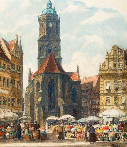 Blumenmarkt Vor Der Frauenkirche In Meisen Oil Painting - Fritz Geyer