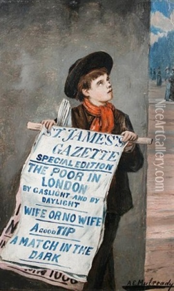 A London Newsboy Oil Painting - Augustus Edwin Mulready