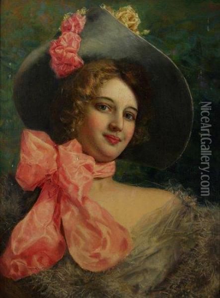 Portrait Of A Young Lady 
 With Pink Scarf And Flower Trimmed Hat Oil Painting - Gaetano Bellei