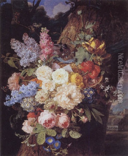 A Still Life Of Roses, Lilacs, Primroses, Morninglories, Tulips, Peonies, Delphinium And Other Flowers With A Letter Oil Painting - Jan Frans Van Dael
