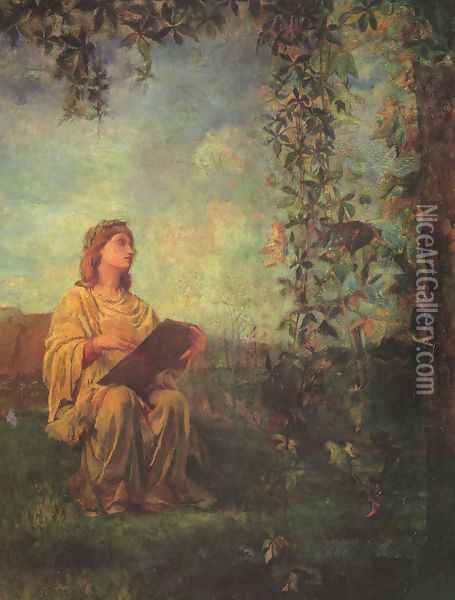 Decorative Panel, Seated Figure in Yellow Oil Painting - John La Farge