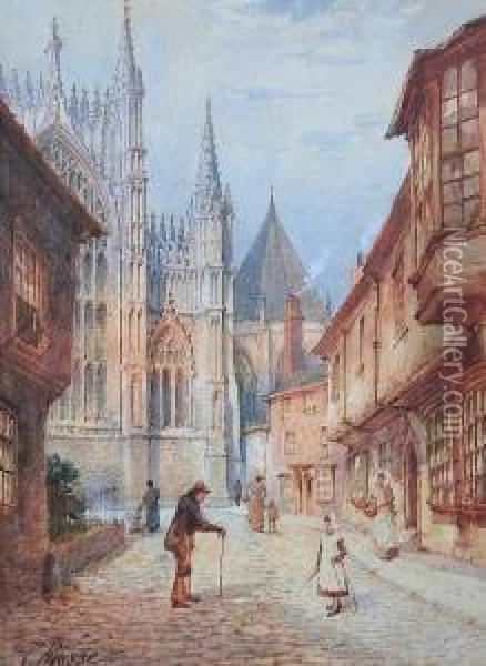 Figures In The Shambles, York Minster Beyond Oil Painting - Charles Rousse