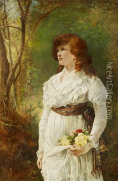 Ung Kvinna Med Rosor Oil Painting - Laslett John Pott