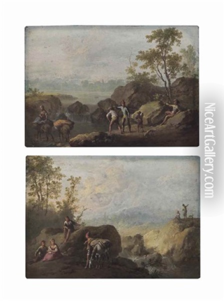 A River Landscape With Travellers Resting On Banks; And A River Landscape With Travellers Crossing A River Oil Painting - Franz de Paula Ferg