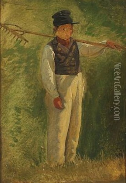 Boy With A Rake Oil Painting - Johann Julius Exner