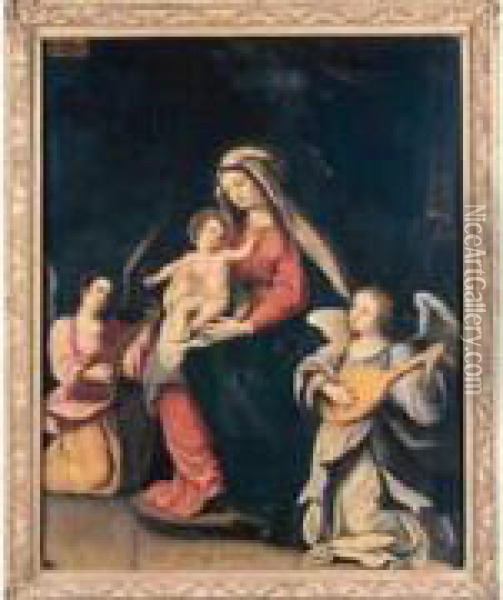 Vierge A L'enfant Entre Deux Anges Musiciens Oil Painting - Jan Van Balen
