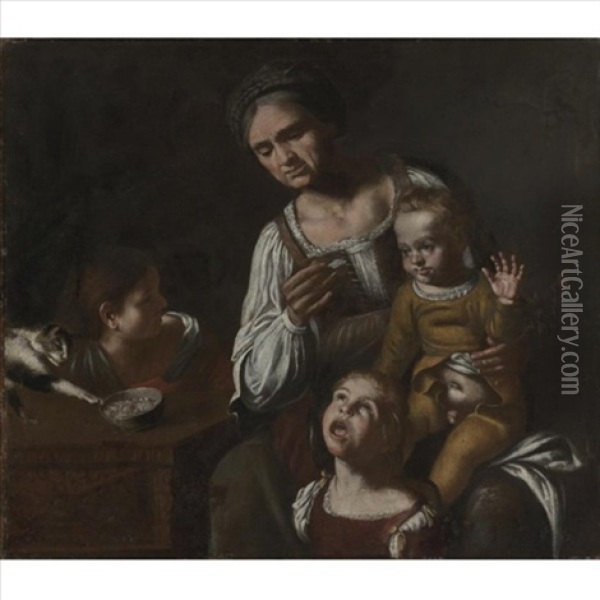 Interior Scene With A Woman And Three Children Oil Painting - Tommaso Salini