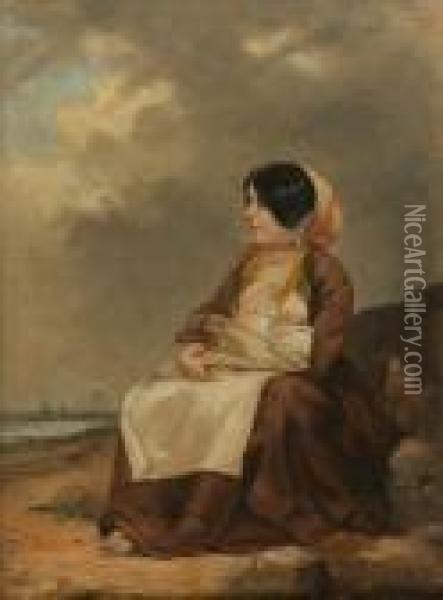 Mother With Babylooking To Sea Oil Painting - J. Duvall