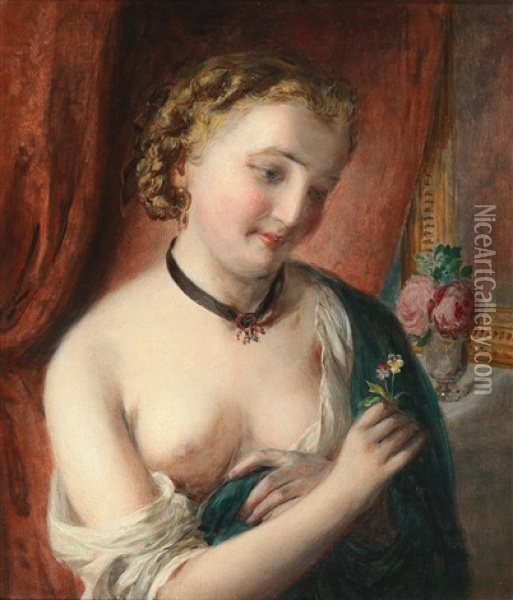 A Girl With A Black Choker, Holding Flowers Oil Painting - Johann Baptist Reiter