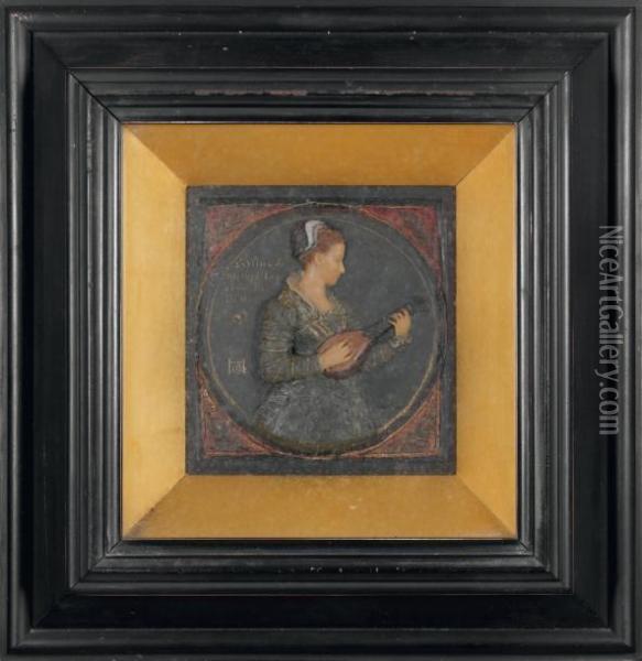 L'olive De Messire Joachim Du Bellay :femme A La Mandoline Relief En Cire Polychrome Oil Painting - Henry Cros