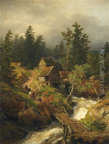 Bergige Landschaft Mit Bach Und Wassermuhle Oil Painting - Andreas Achenbach