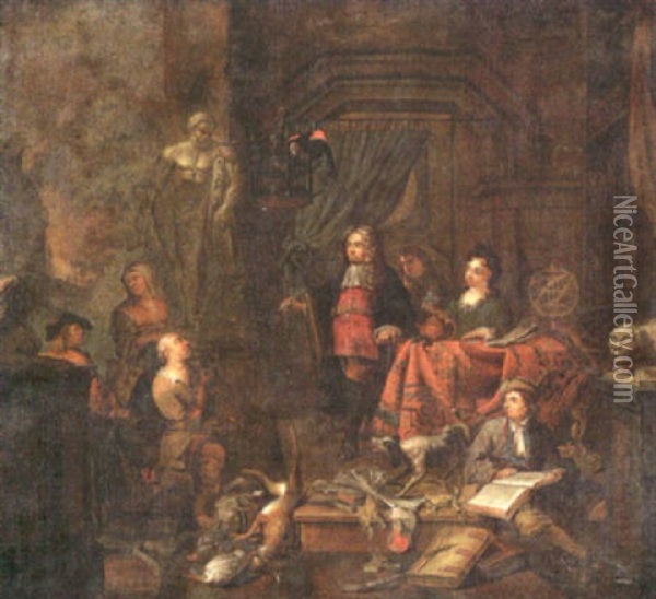 A Peasant Offering A Boar's Head As A Tithe To His Landlord, A Garden Beyond Oil Painting - Balthasar Van Den Bossche