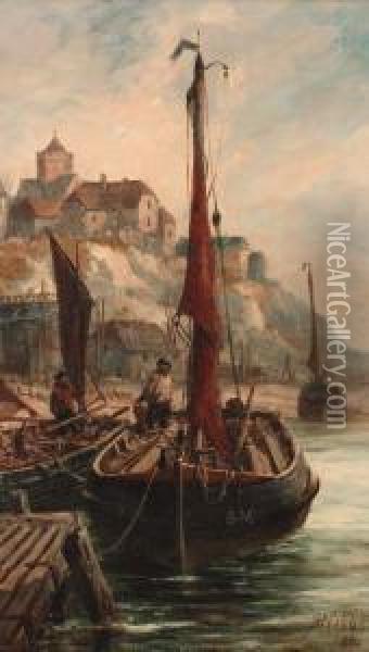 Fishing Boats In Shoreham Harbour Oil Painting - Richard Henry Nibbs