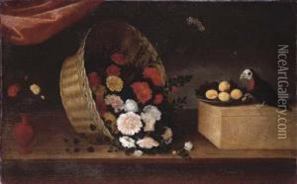 Bodegon Con Jarron, Un Cesto De Flores, Un Plato Con Fruta Y Un Loro Oil Painting - Pedro de Camprobin
