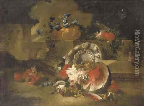 A sliced watermelon, pomegranates, roses, tulips and other flowers near a stone wall in a landscape Oil Painting - Francesco Lavagna