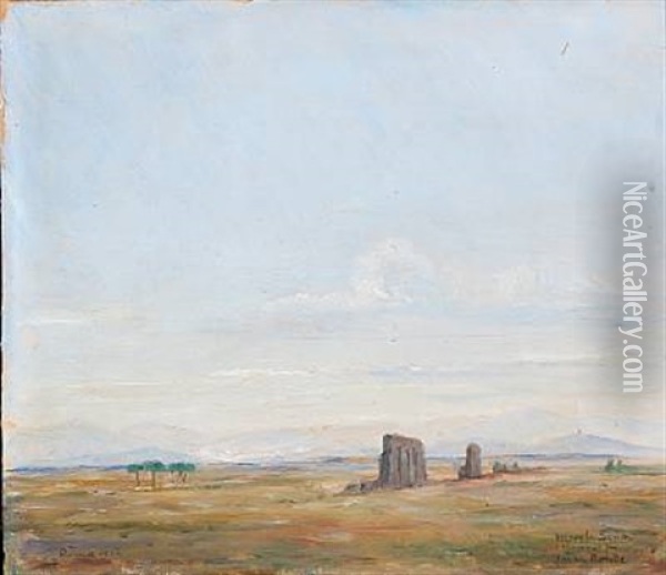 View Of The Roman Campagne With The Ruins Of An Aqueduct Oil Painting - Johan Rohde