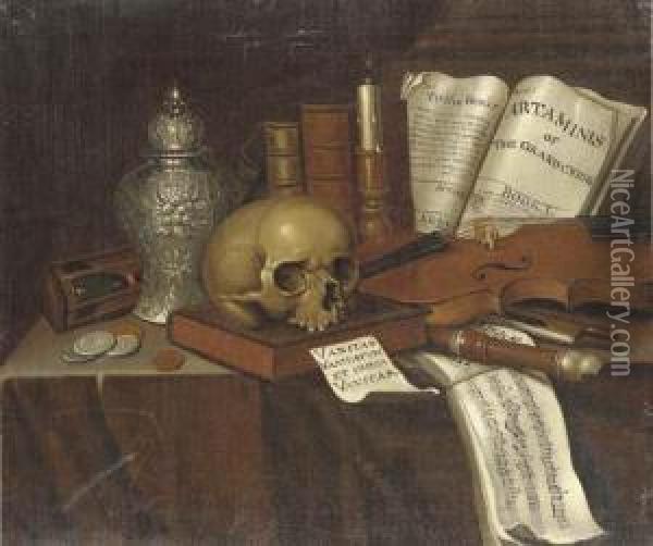 A Vanitas Still Life With Coins,
 Overturned Hour-glass, Urn, Skull,candle, Books, Musical Instruments 
And A Score On A Table Oil Painting - Edwart Collier