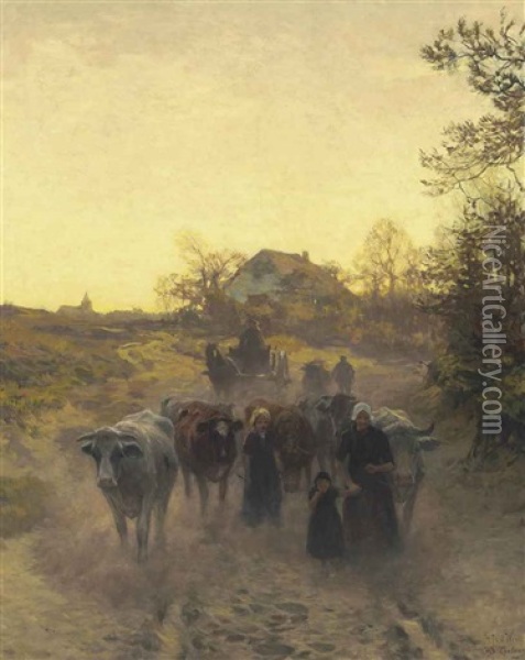 Landscape With Cows Oil Painting - Herman Johannes van der Weele