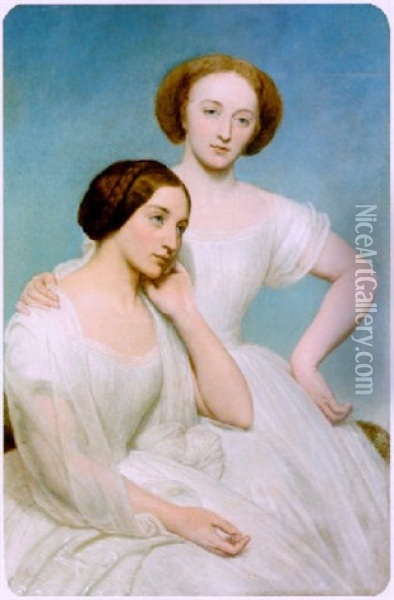 Portrait De Deux Jeunes Filles En Robe Blanche Oil Painting - Ary Scheffer