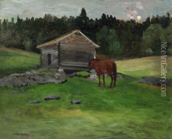 Horse Resting, Evening Light Oil Painting - Christian Eriksen Skredsvig