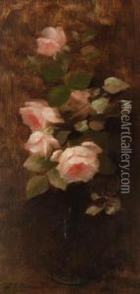 Still Life With Pink Roses In A Vase Oil Painting - Louise Ellen Perman